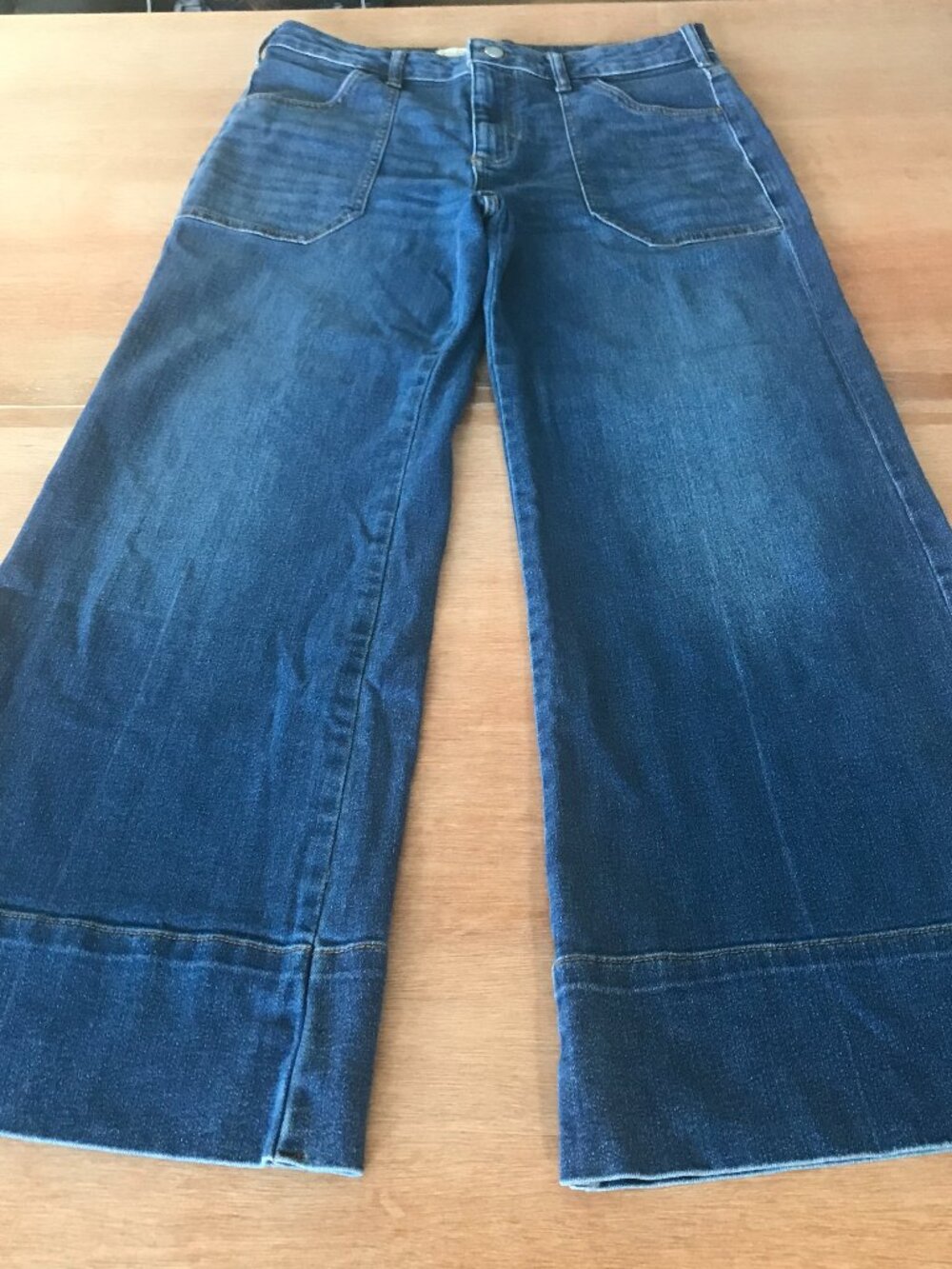 Pilcro Wide Leg Jeans Women 31P Blue High Rise Patch Pocket Dark Wash Stretch